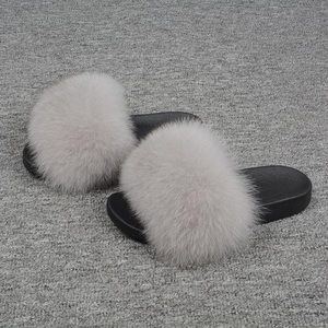 Women's Fox Fur Slides Rainbow Color Furry Open Toe Outdoor Fur Slippers